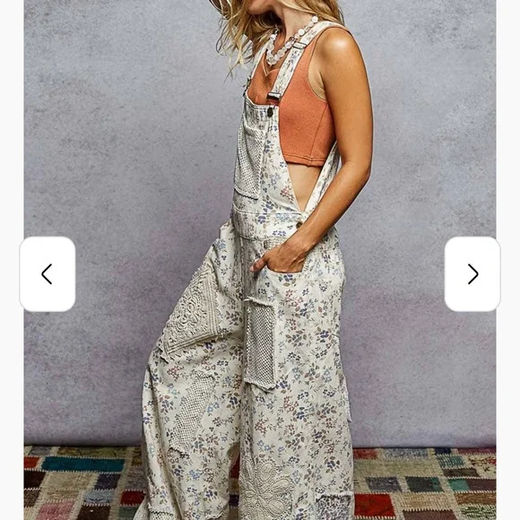 POL Floral Patchwork Overalls in Cream and Blue Lace Flare Boho Size Small! - Picture 3 of 5